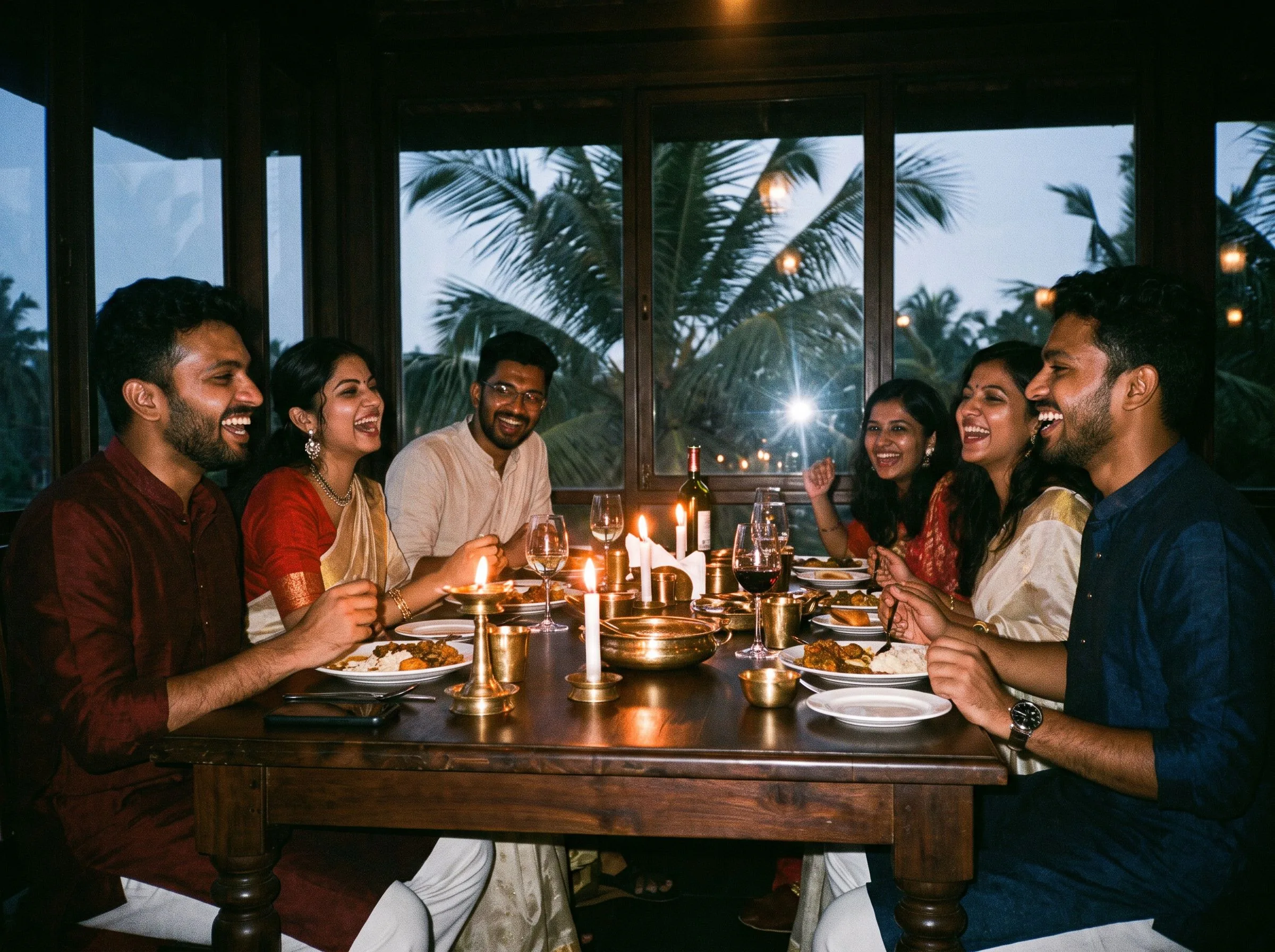A long chef's-table dinner at a dim supper club